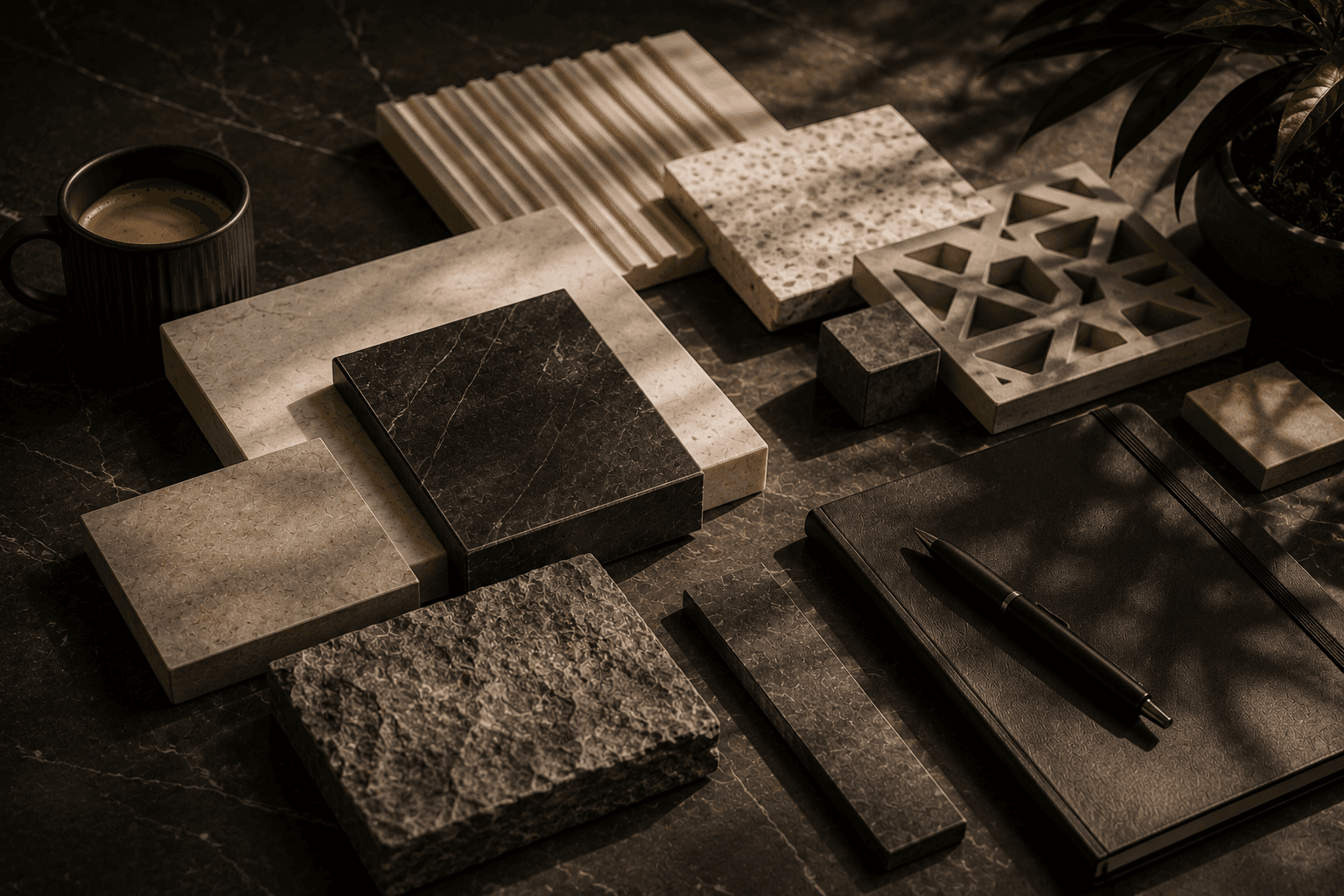 Architectural material samples and project notebook arranged for a design consultation