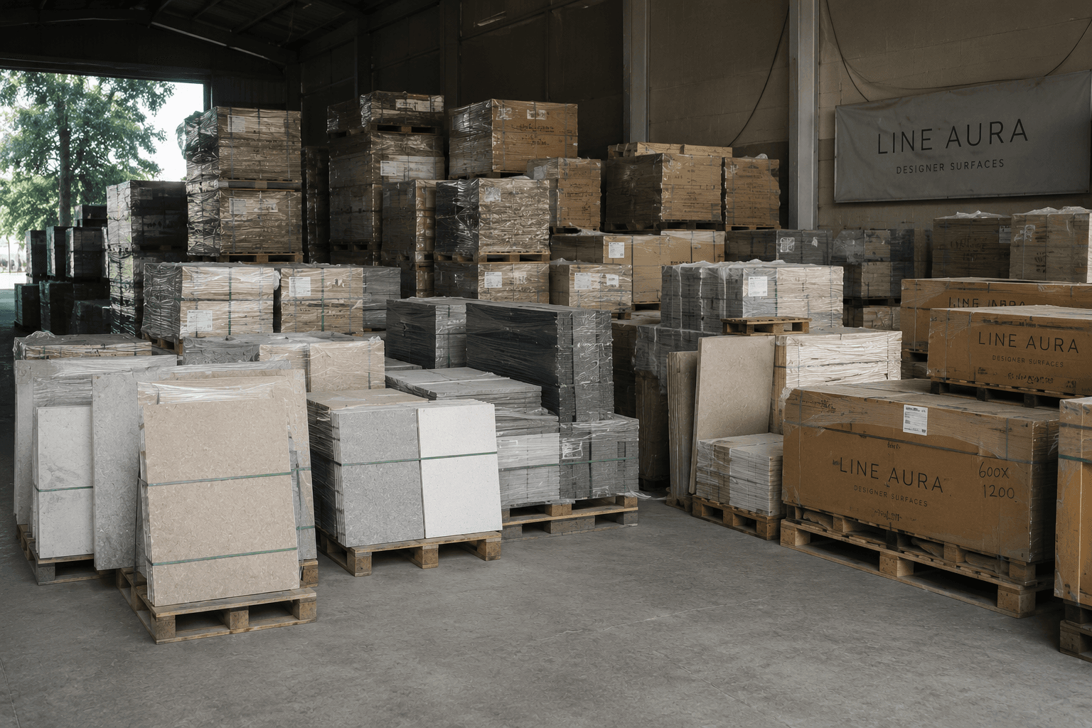 Organized warehouse stock prepared for large-scale architectural projects