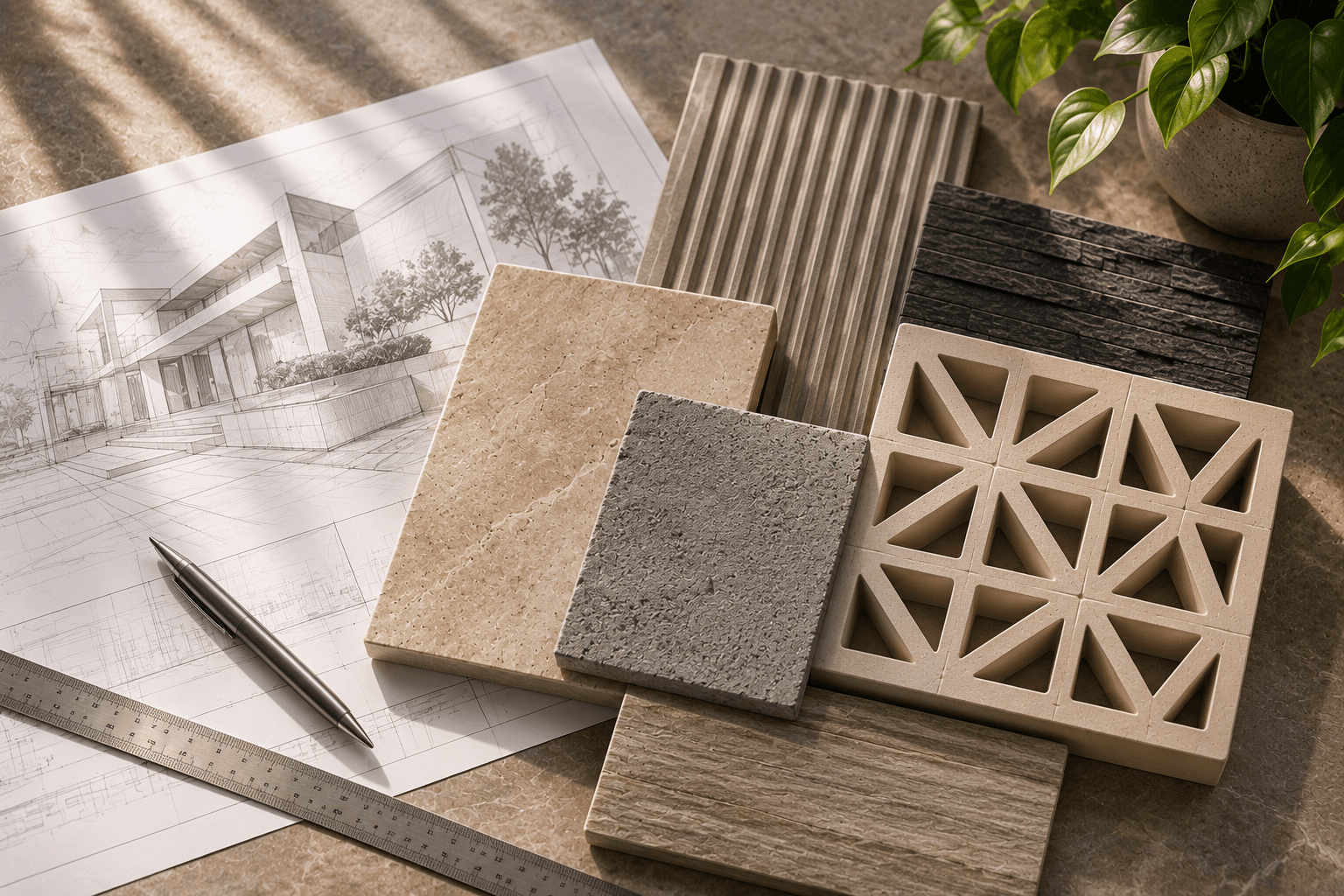 Architectural plans with customized material and surface samples
