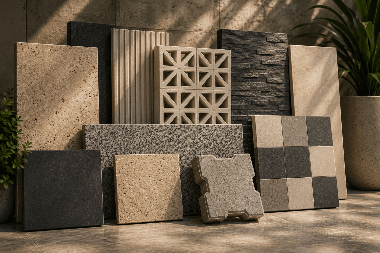 Selection of architectural surface materials including tiles, pavers, cladding and GRC jali